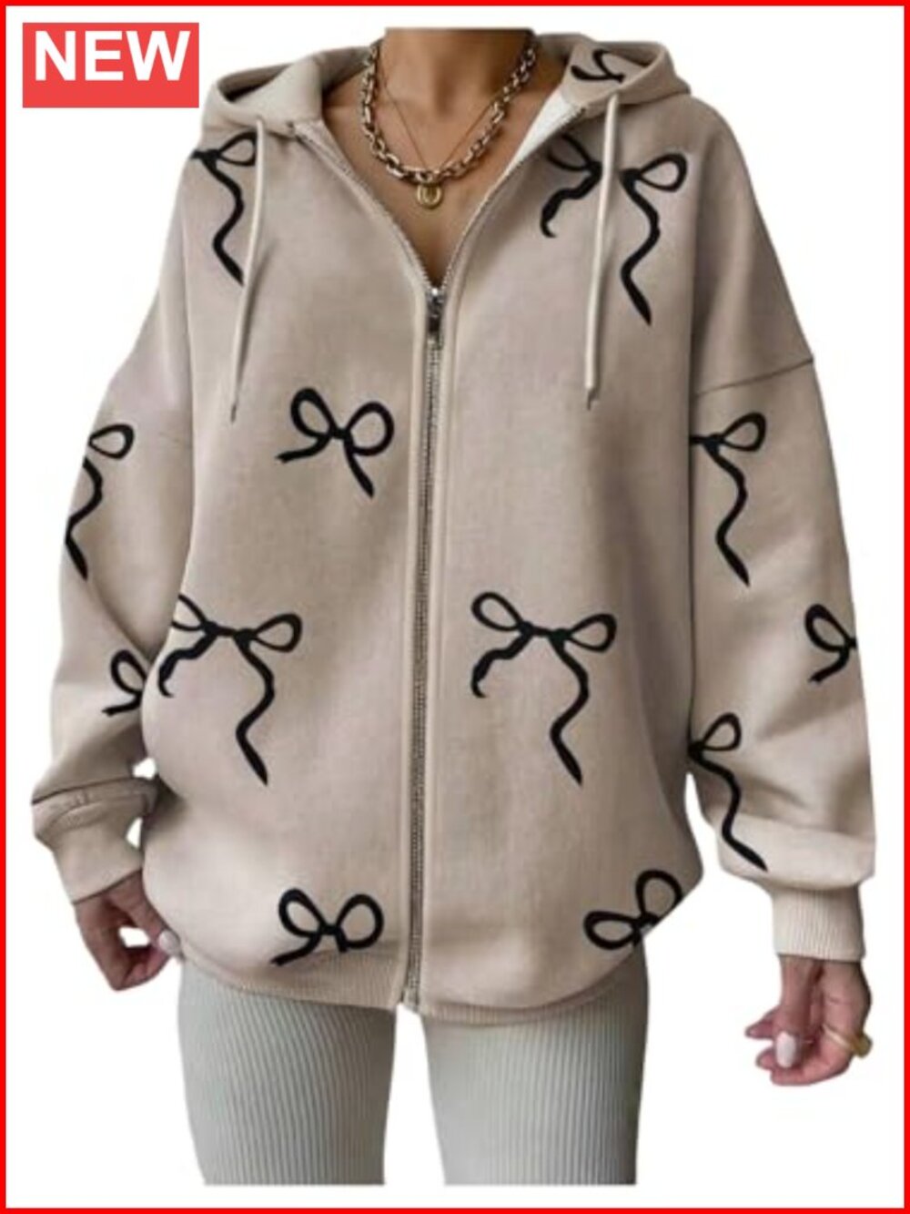 Women's Bow Graphic Zip Up Hoodie Long Sleeve Drawstring Hooded Sweatshirt